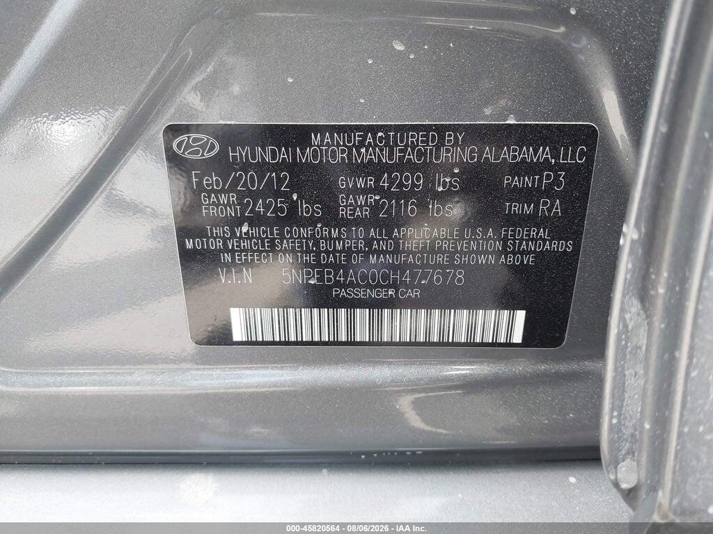 5NPEB4AC0CH477678 2012 HYUNDAI SONATA photo no. 9