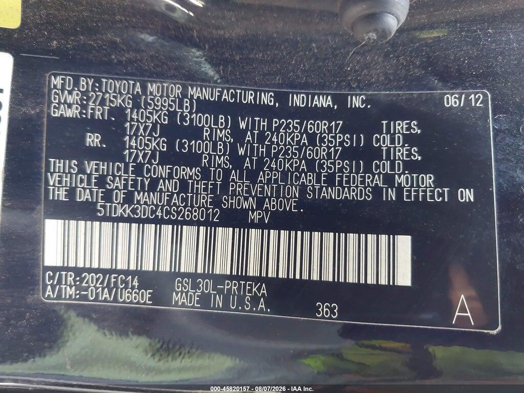5TDKK3DC4CS268012 2012 TOYOTA SIENNA photo no. 9