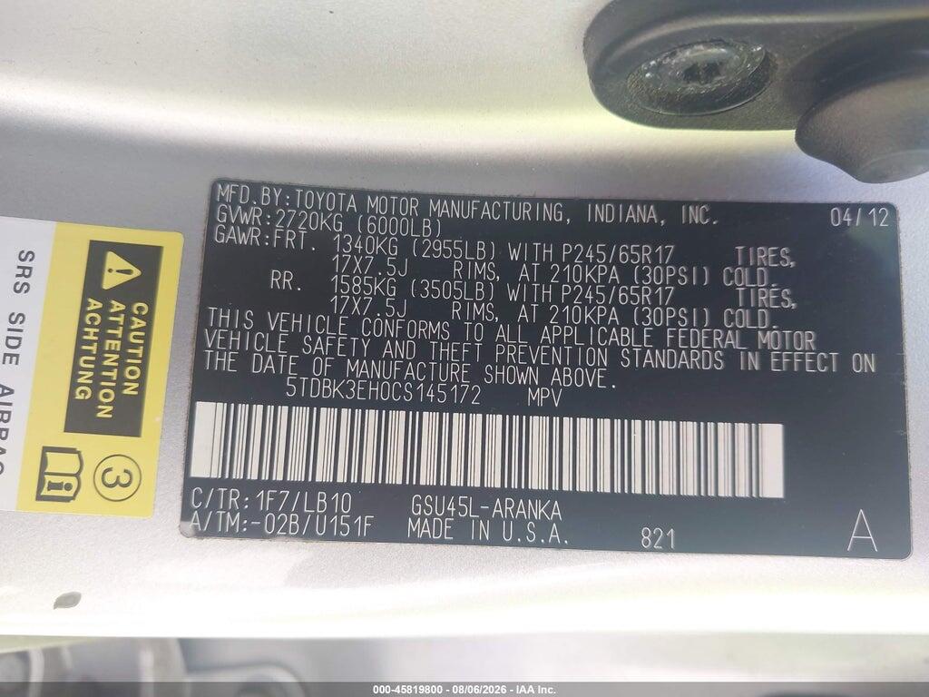 5TDBK3EH0CS145172 2012 TOYOTA HIGHLANDER photo no. 9