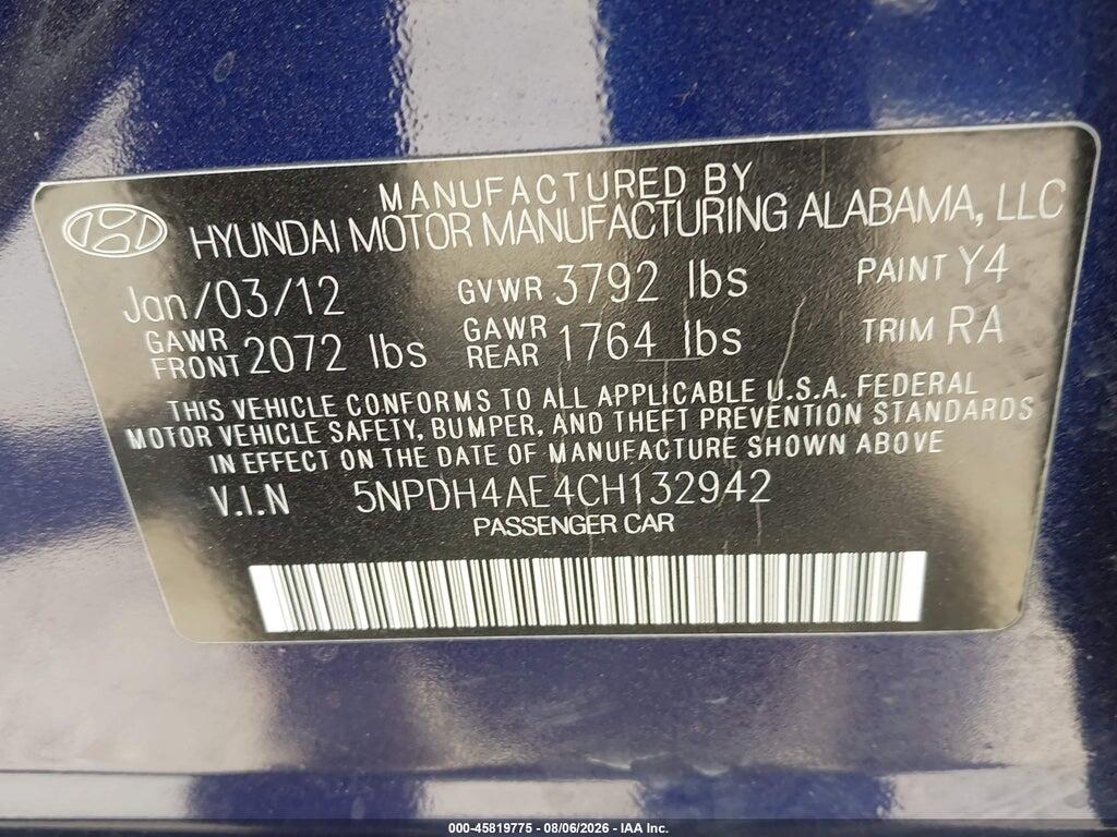 5NPDH4AE4CH132942 2012 HYUNDAI ELANTRA photo no. 9