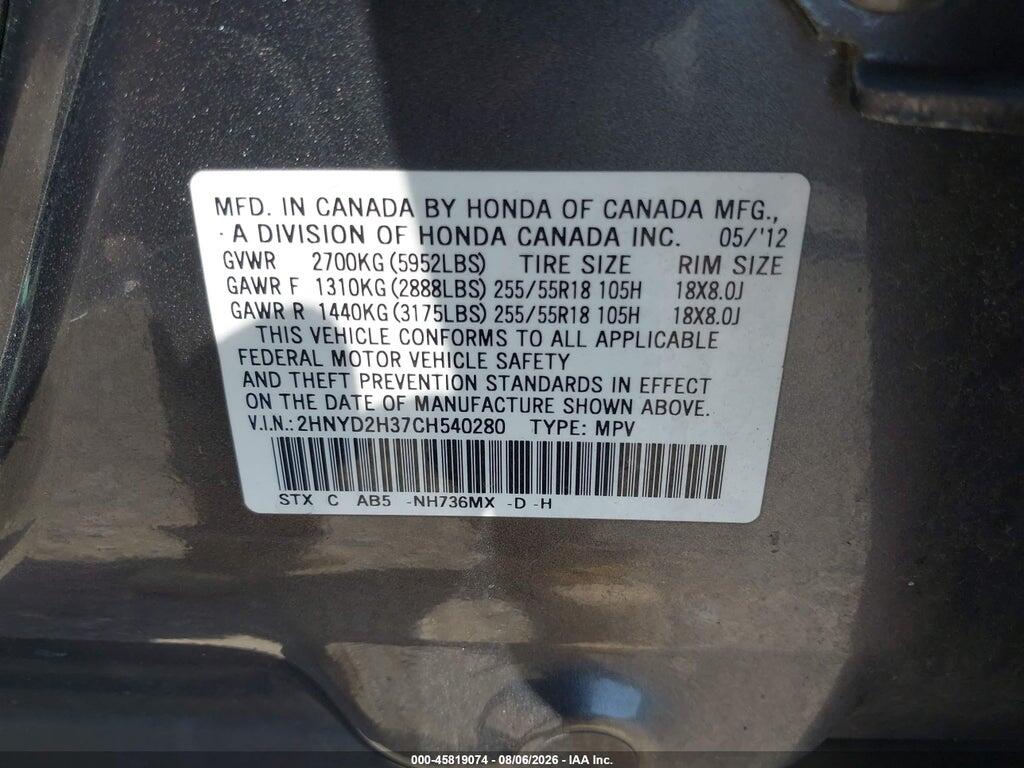2HNYD2H37CH540280 2012 ACURA MDX photo no. 9