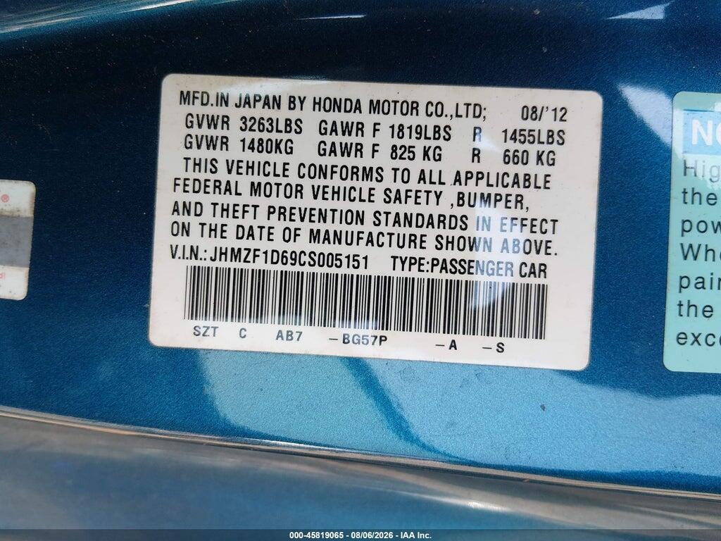 JHMZF1D69CS005151 2012 HONDA CR-Z photo no. 9