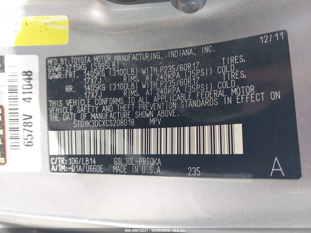 5TDYK3DCXCS208018 2012 TOYOTA SIENNA photo no. 9
