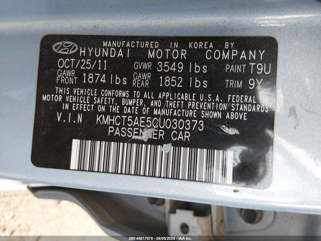KMHCT5AE5CU030373 2012 HYUNDAI ACCENT photo no. 9