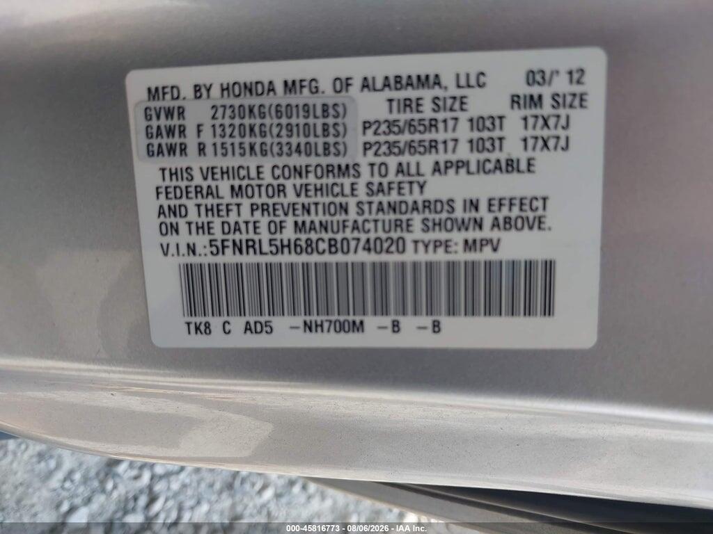 5FNRL5H68CB074020 2012 HONDA ODYSSEY photo no. 9