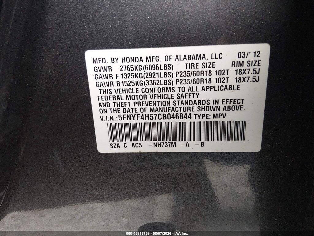 5FNYF4H57CB046844 2012 HONDA PILOT photo no. 9