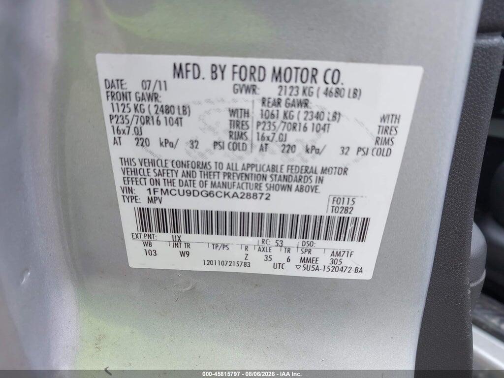 1FMCU9DG6CKA28872 2012 FORD ESCAPE photo no. 9