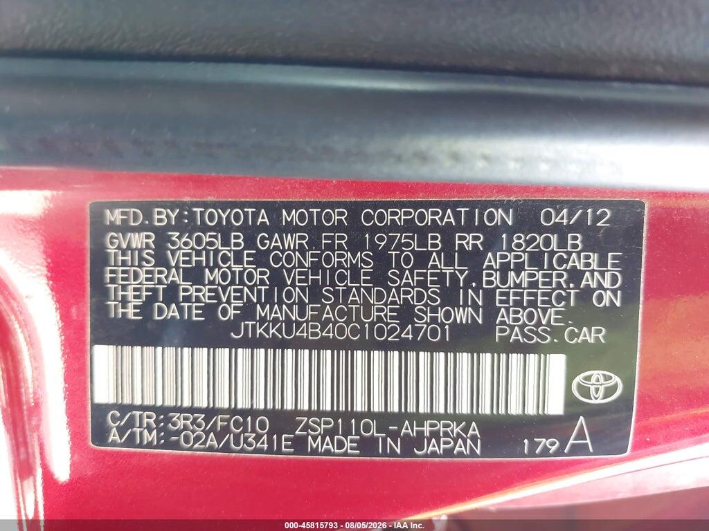 JTKKU4B40C1024701 2012 SCION XD photo no. 9