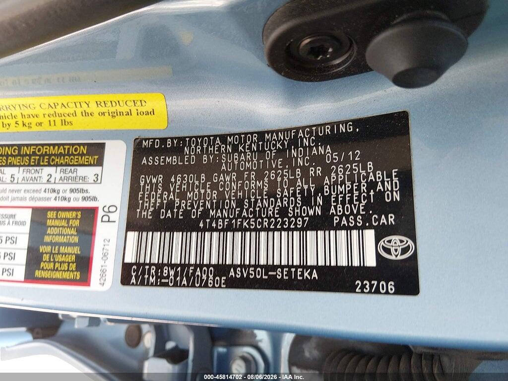 4T4BF1FK5CR223297 2012 TOYOTA CAMRY photo no. 9