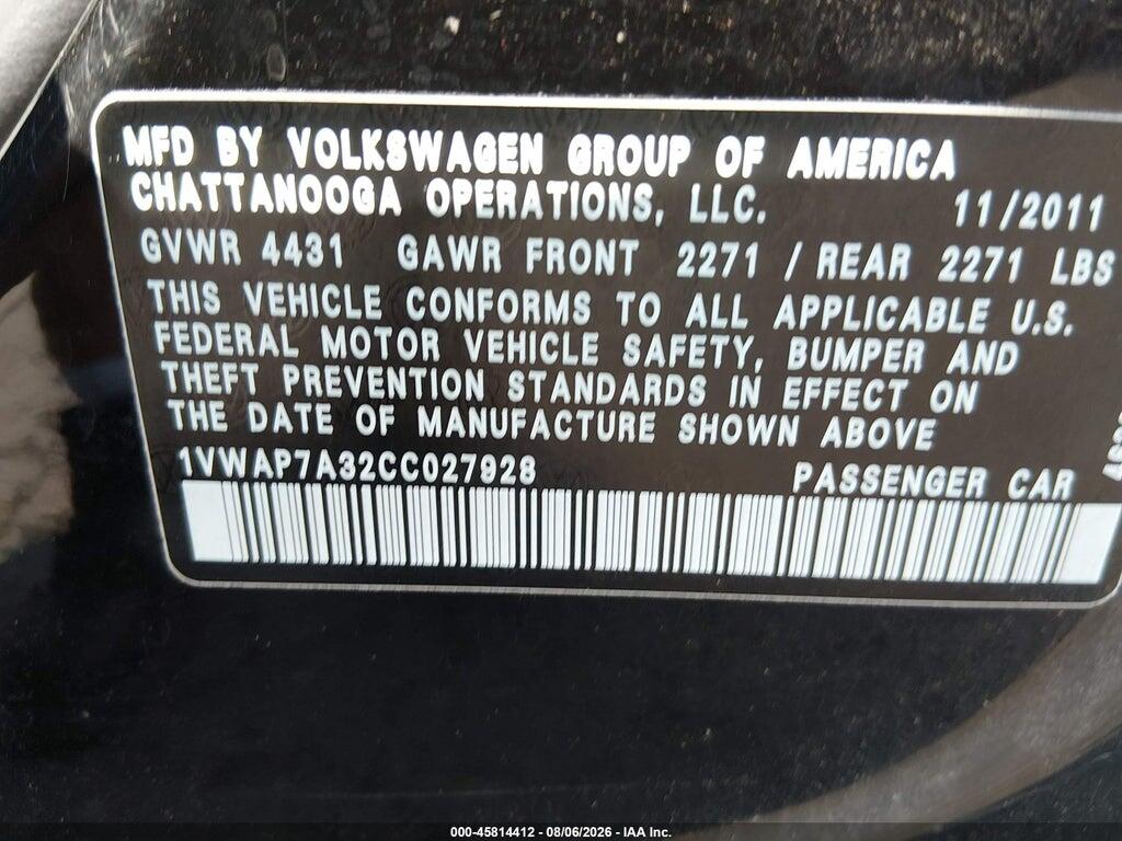 1VWAP7A32CC027928 2012 VOLKSWAGEN PASSAT photo no. 9