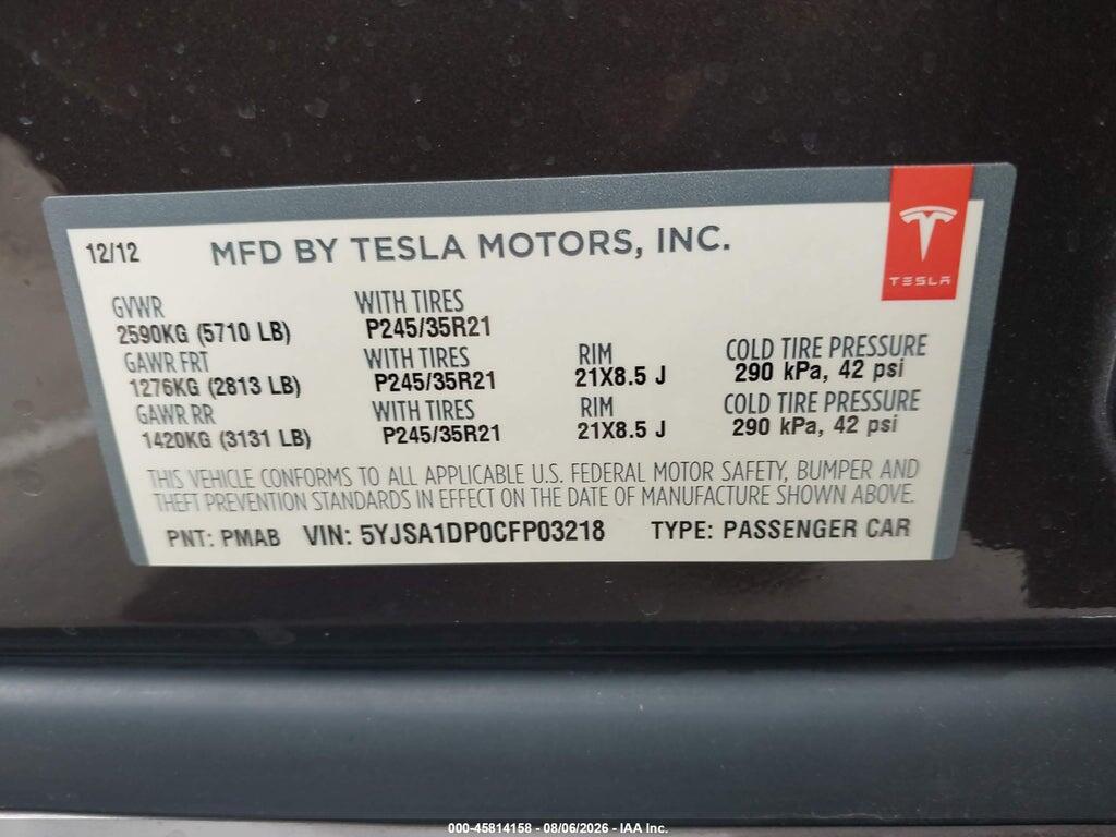 5YJSA1DP0CFP03218 2012 TESLA MODEL S photo no. 9