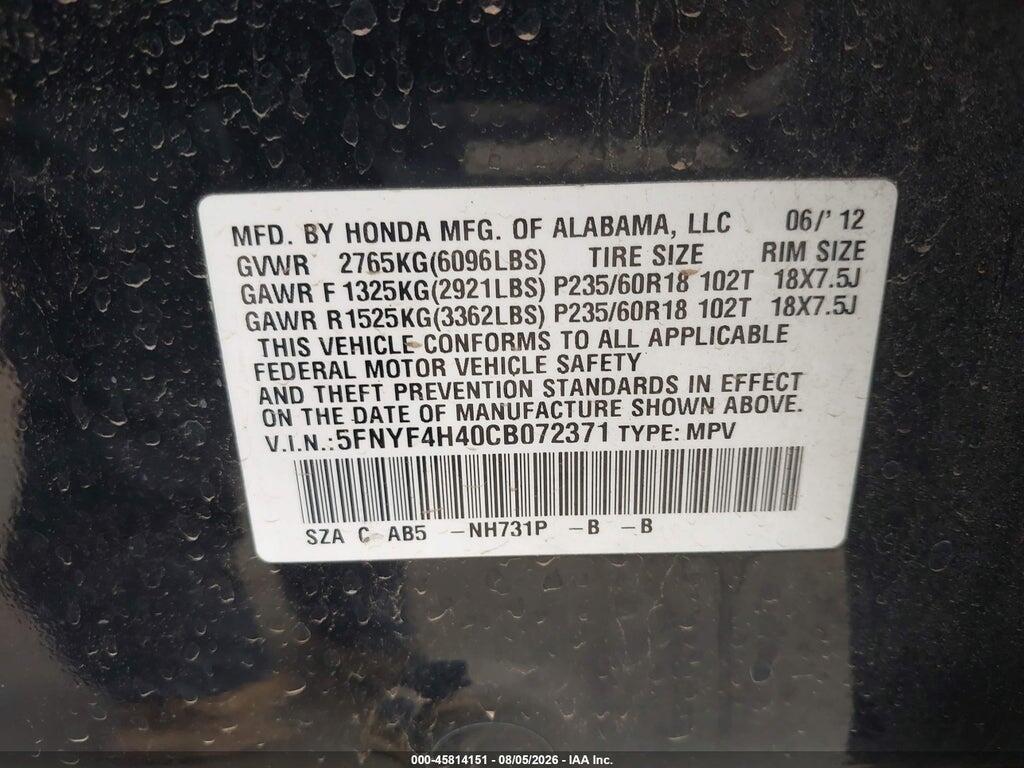 5FNYF4H40CB072371 2012 HONDA PILOT photo no. 9
