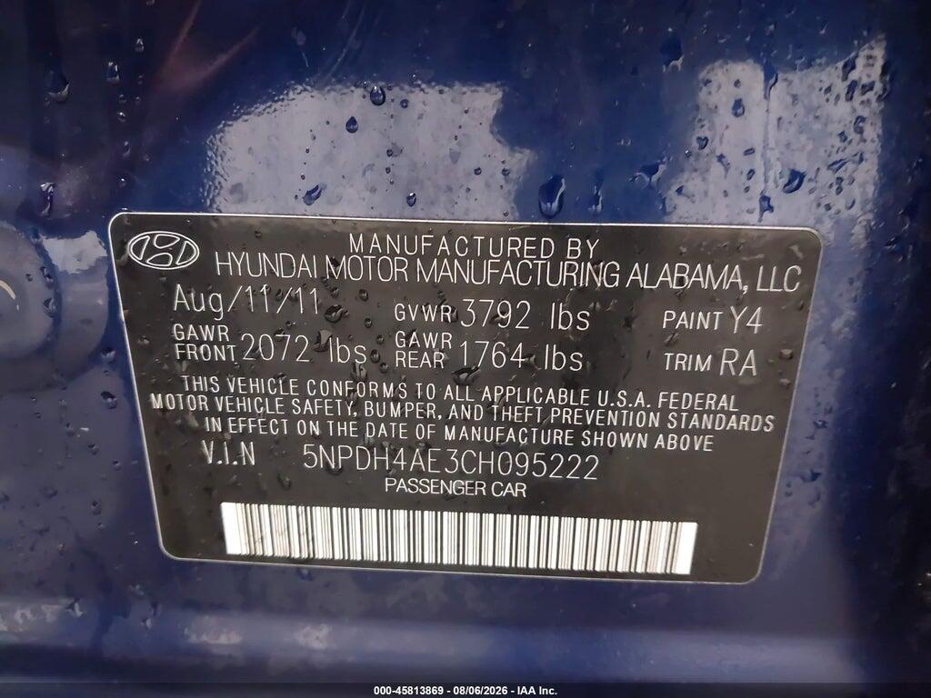 5NPDH4AE3CH095222 2012 HYUNDAI ELANTRA photo no. 9