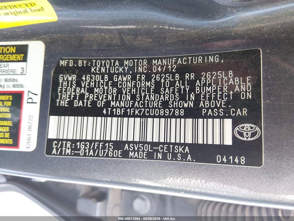 4T1BF1FK7CU089788 2012 TOYOTA CAMRY photo no. 9