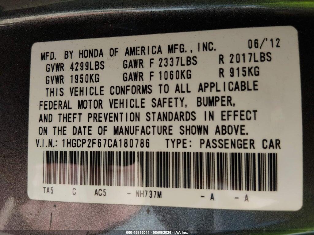 1HGCP2F67CA180786 2012 HONDA ACCORD photo no. 9