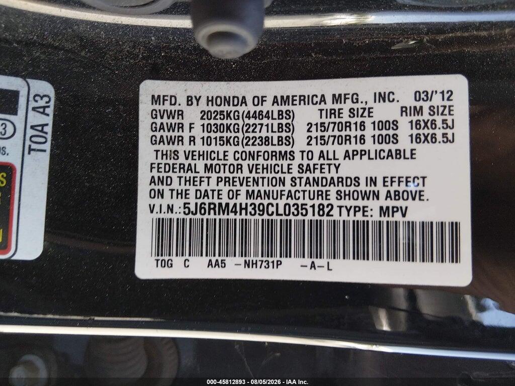 5J6RM4H39CL035182 2012 HONDA CR-V photo no. 9