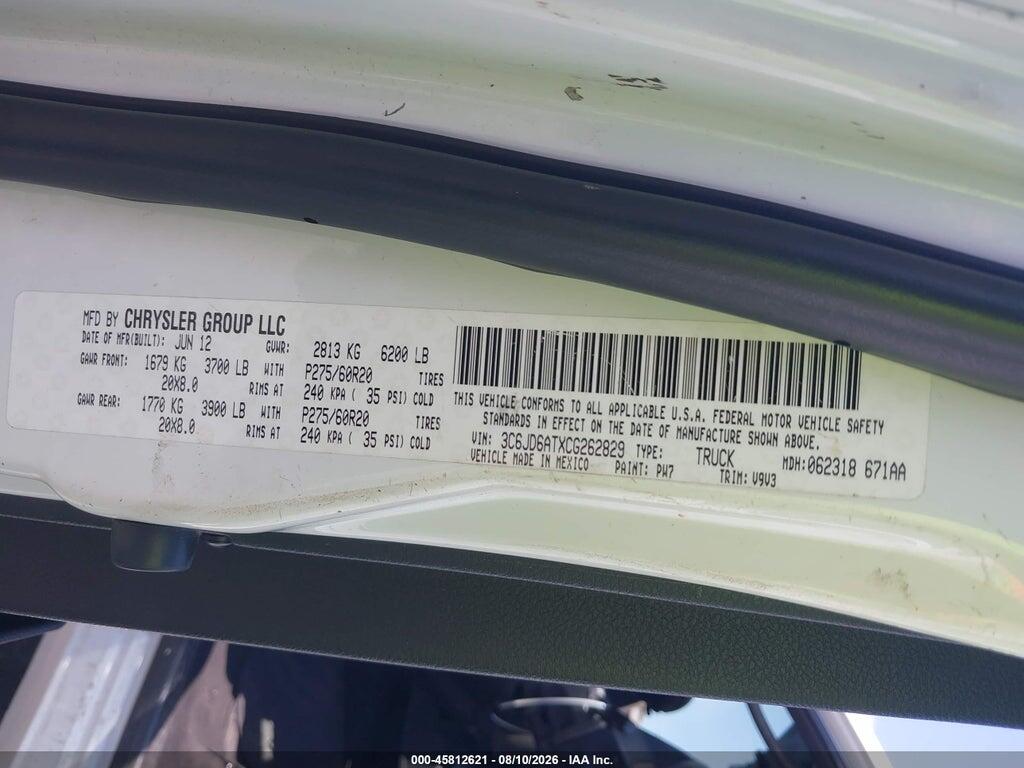3C6JD6ATXCG262829 2012 RAM 1500 photo no. 9
