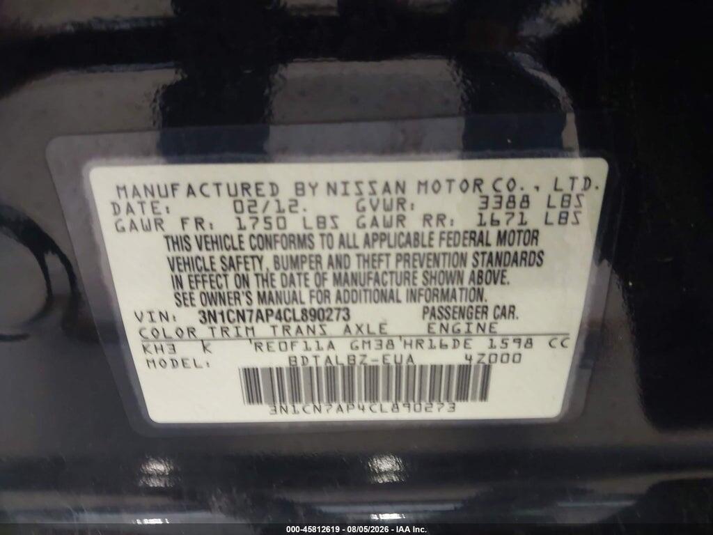 3N1CN7AP4CL890273 2012 NISSAN VERSA photo no. 9