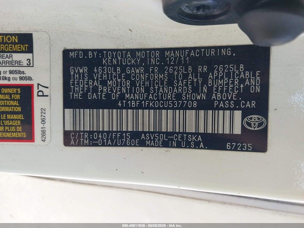 4T1BF1FK0CU537708 2012 TOYOTA CAMRY photo no. 9