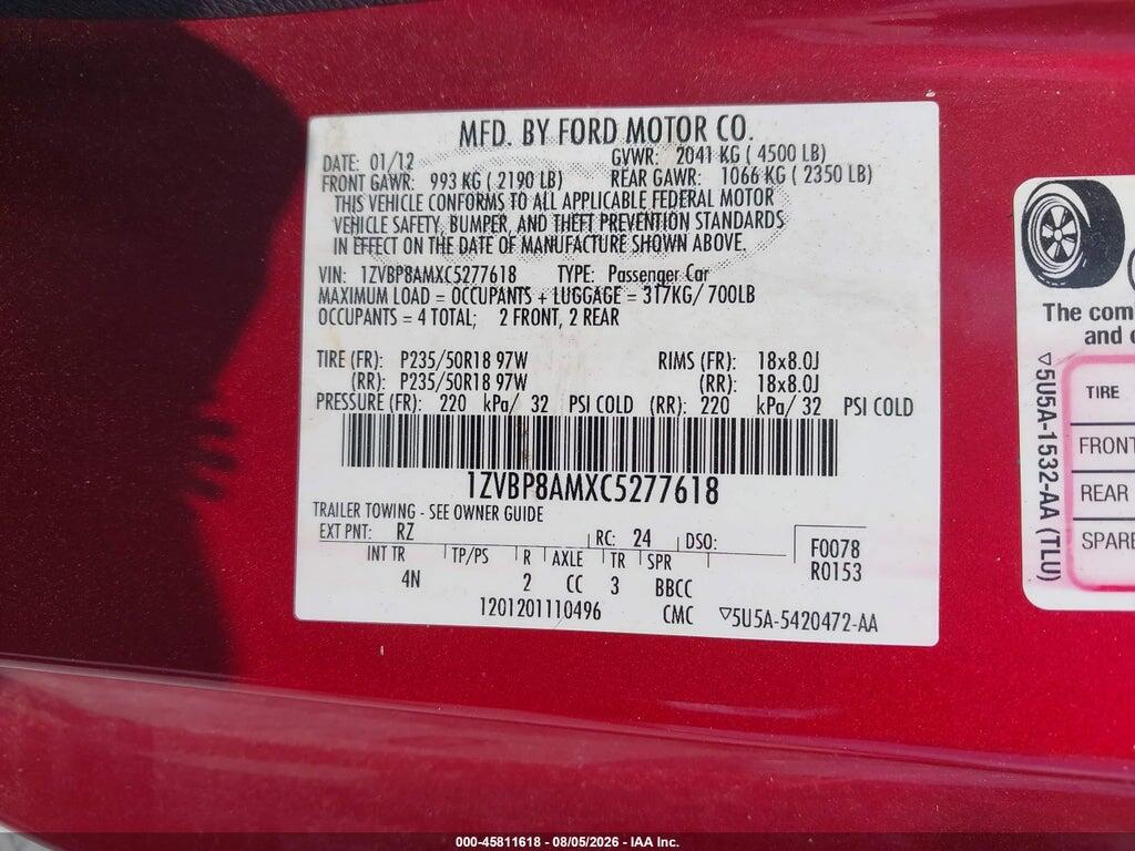 1ZVBP8AMXC5277618 2012 FORD MUSTANG photo no. 9