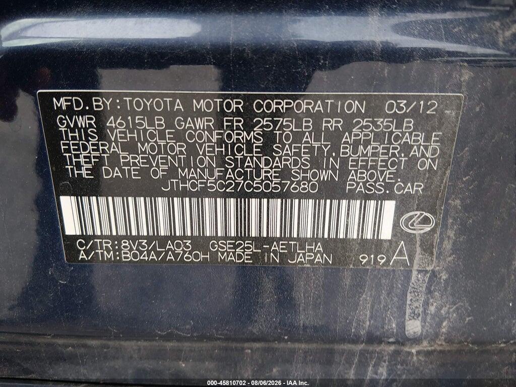 JTHCF5C27C5057680 2012 LEXUS IS 250 photo no. 9