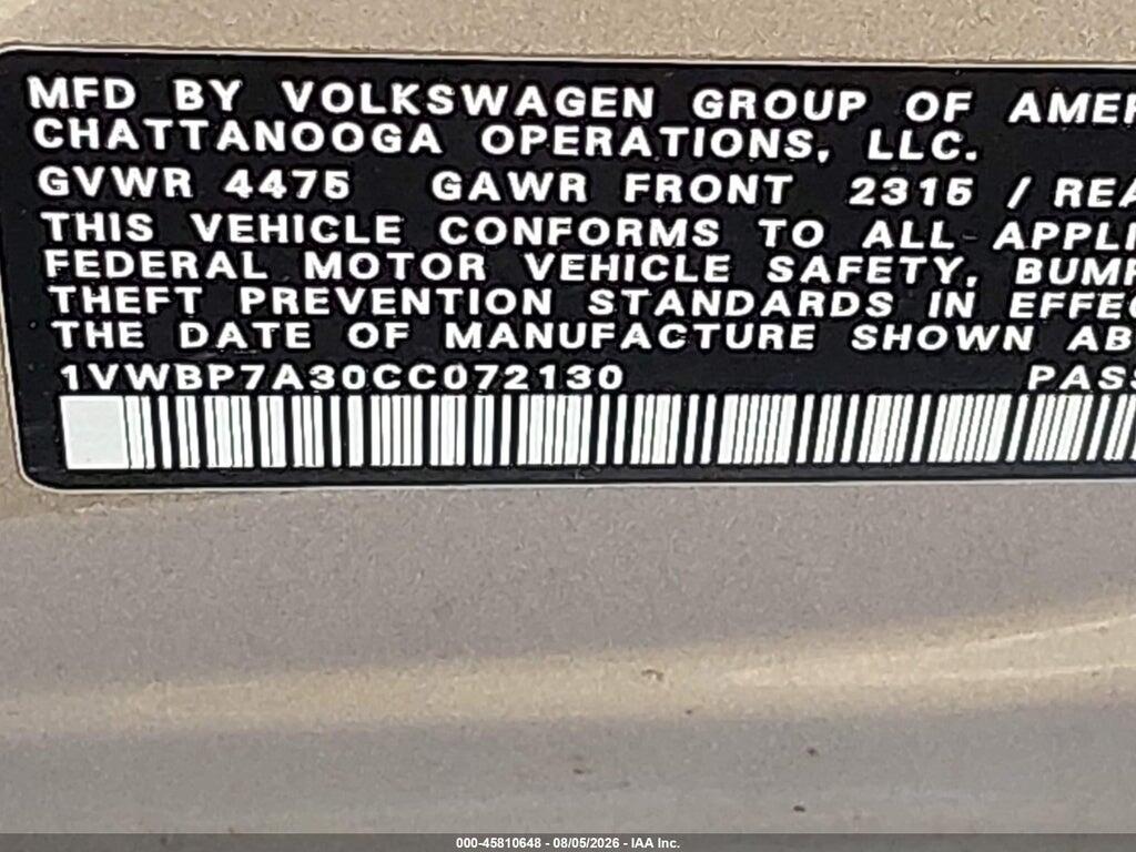 1VWBP7A30CC072130 2012 VOLKSWAGEN PASSAT photo no. 9