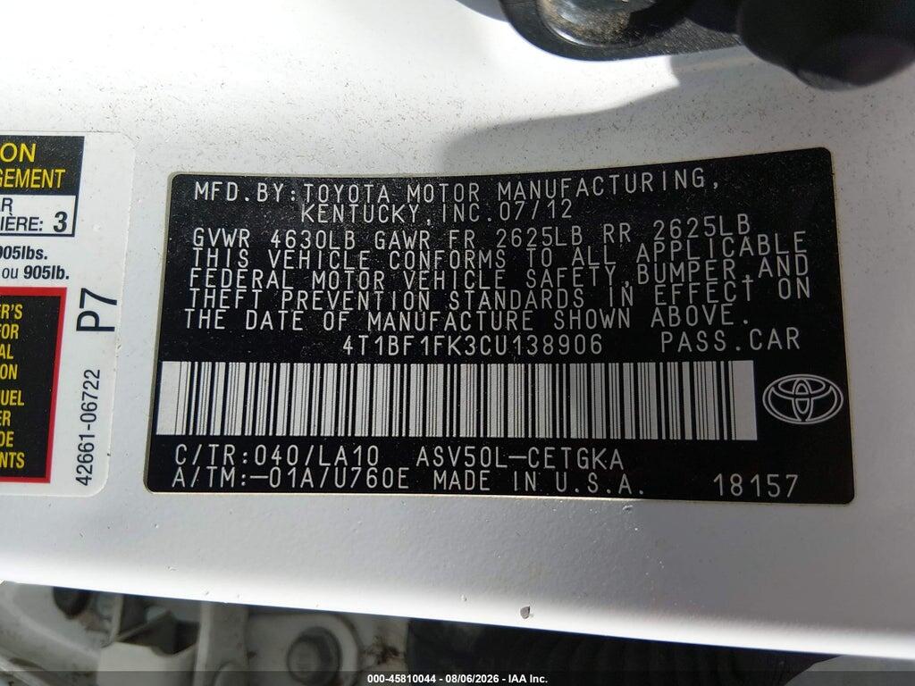 4T1BF1FK3CU138906 2012 TOYOTA CAMRY photo no. 9