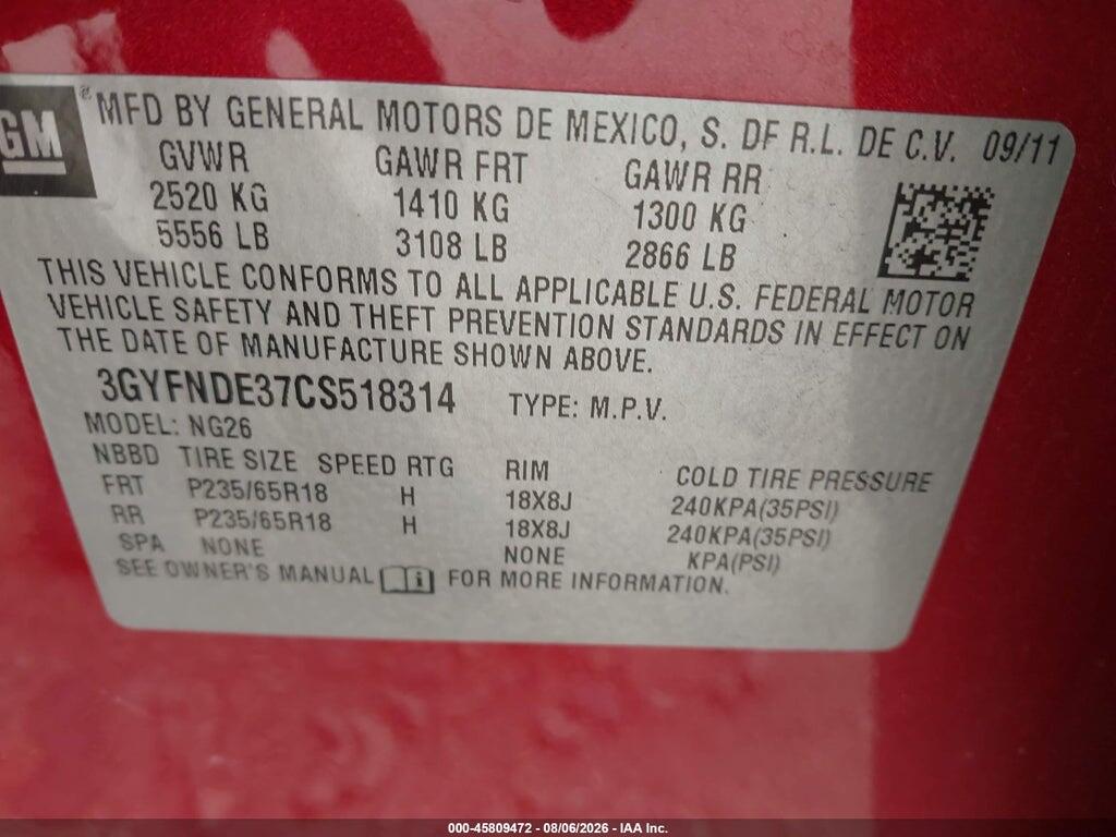 3GYFNDE37CS518314 2012 CADILLAC SRX photo no. 9