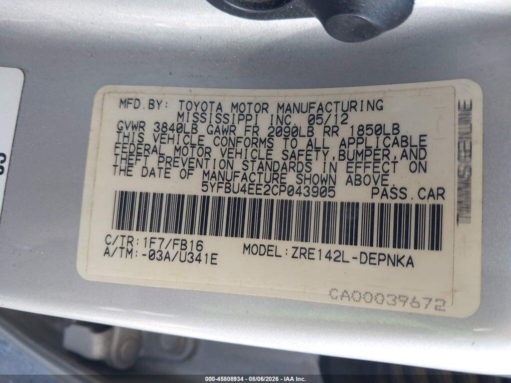 5YFBU4EE2CP043905 2012 TOYOTA COROLLA photo no. 9