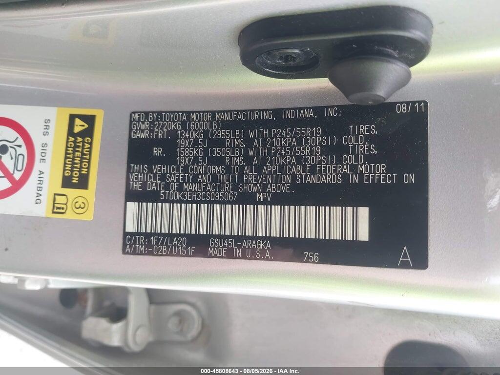 5TDDK3EH3CS095067 2012 TOYOTA HIGHLANDER photo no. 9