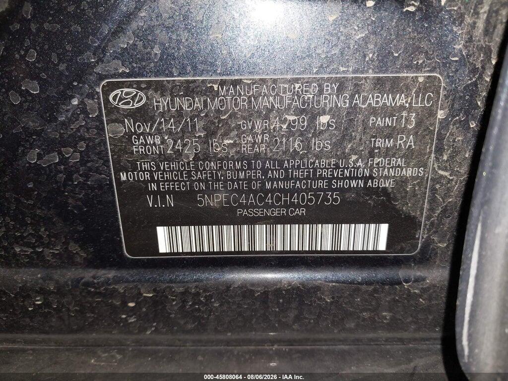 5NPEC4AC4CH405735 2012 HYUNDAI SONATA photo no. 9