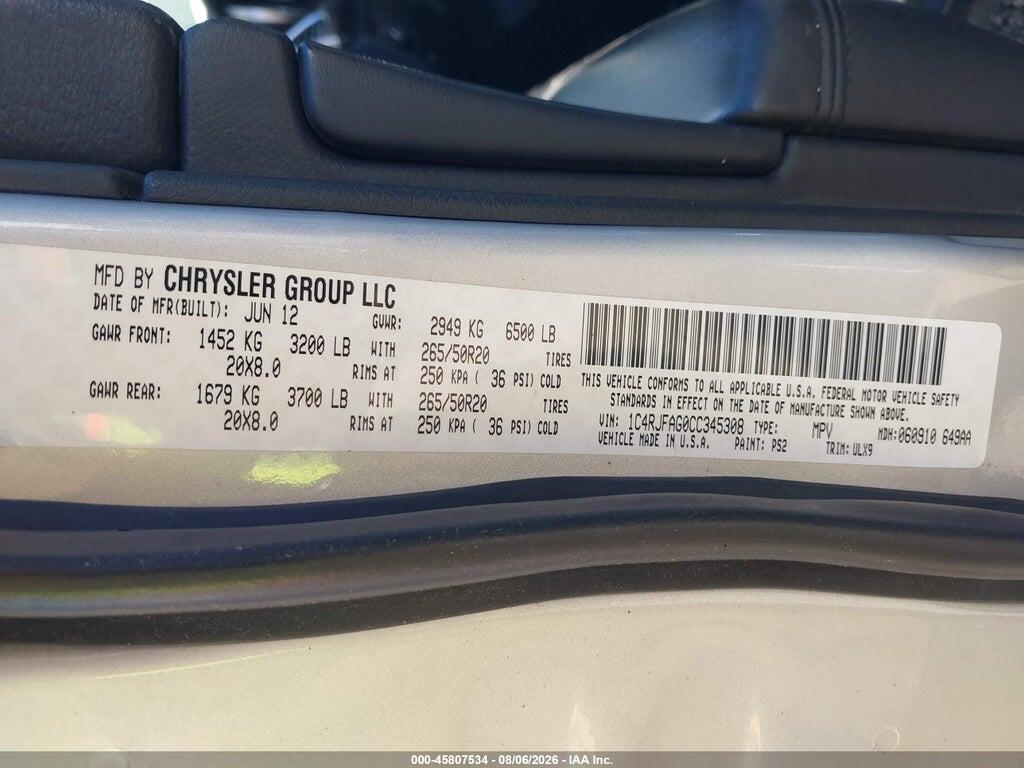 1C4RJFAG0CC345308 2012 JEEP GRAND CHEROKEE photo no. 9