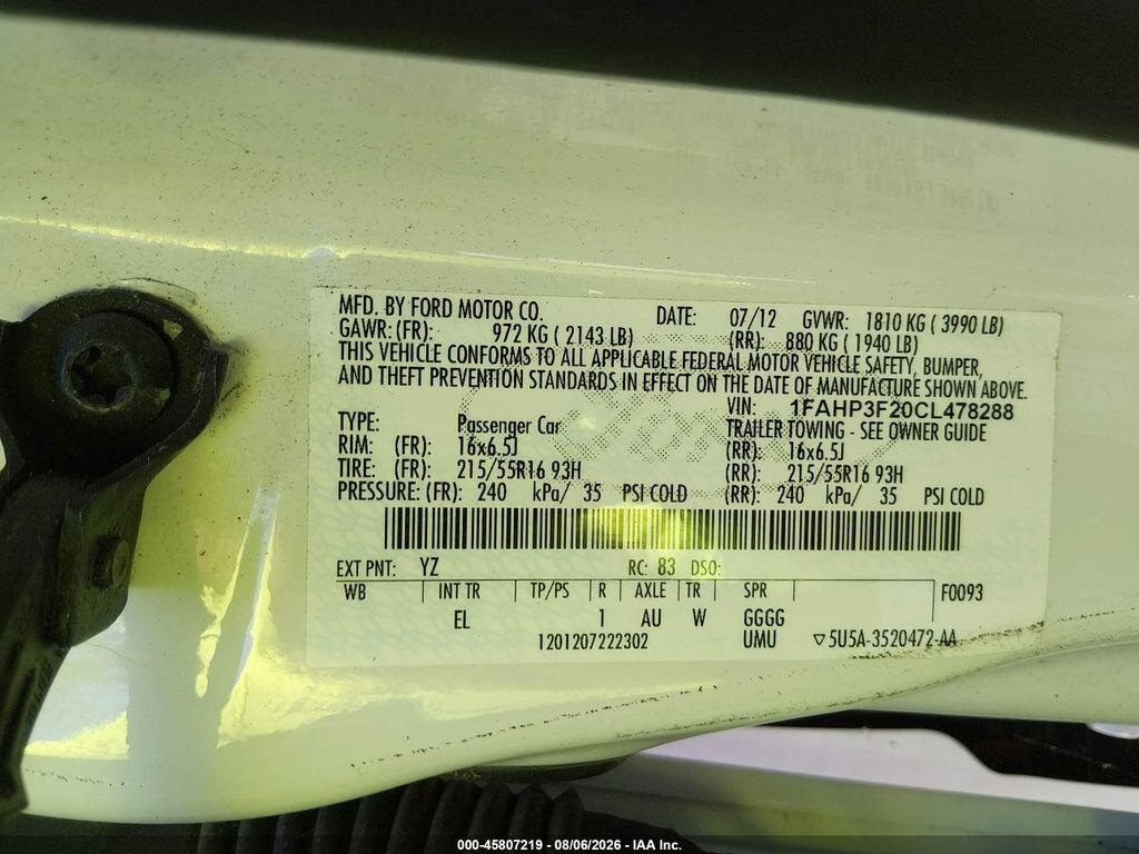 1FAHP3F20CL478288 2012 FORD FOCUS photo no. 9