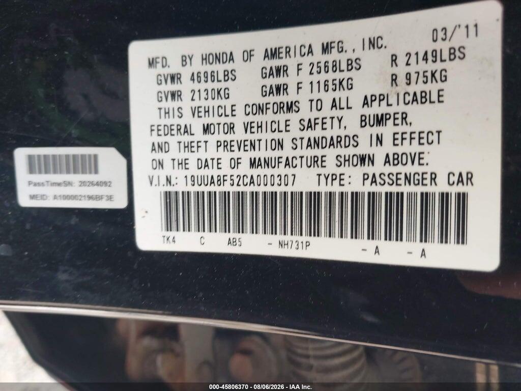 19UUA8F52CA000307 2012 ACURA TL photo no. 9