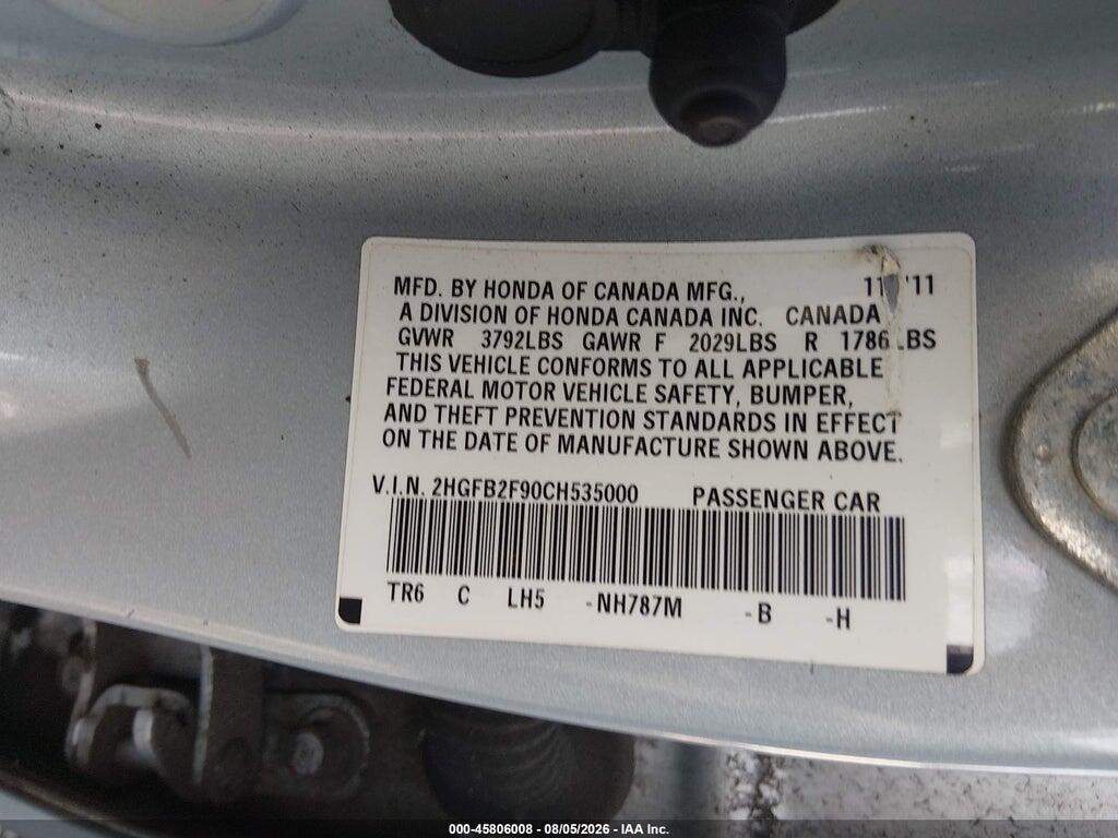 2HGFB2F90CH535000 2012 HONDA CIVIC photo no. 9