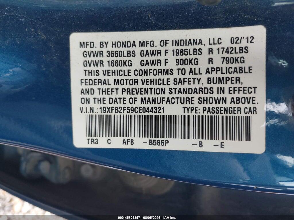 19XFB2F59CE044321 2012 HONDA CIVIC photo no. 9