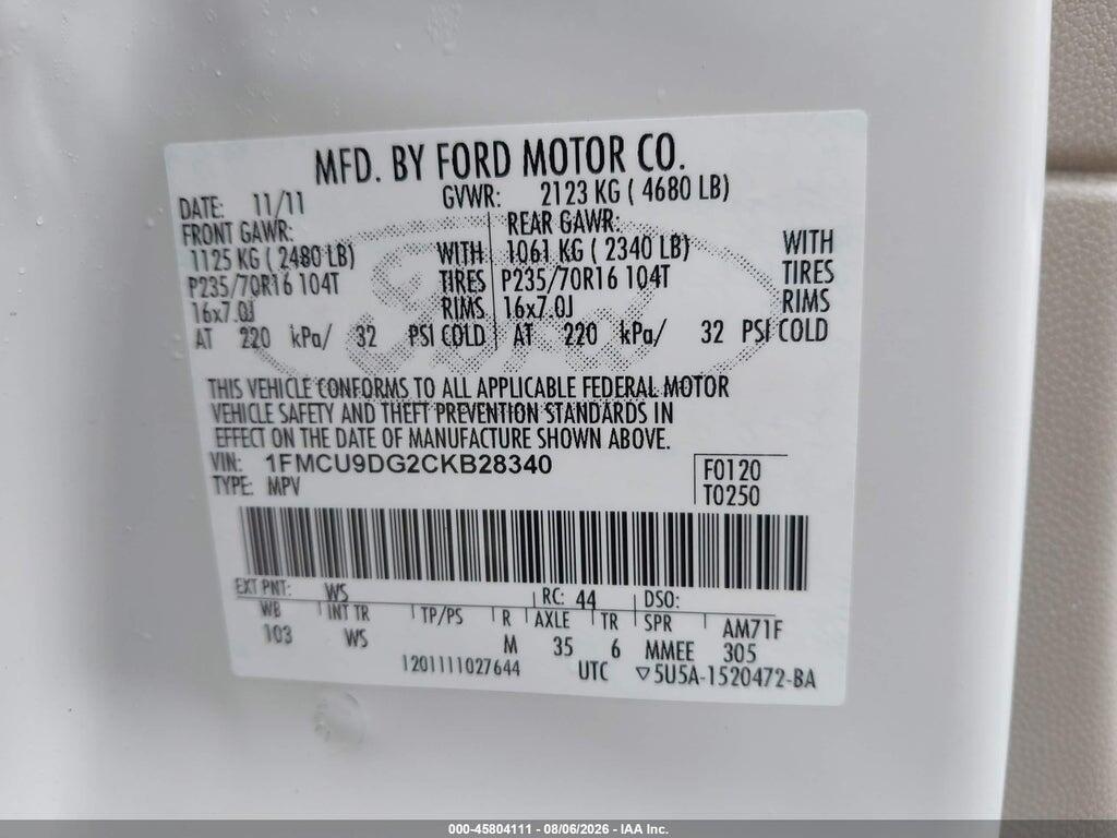 1FMCU9DG2CKB28340 2012 FORD ESCAPE photo no. 9