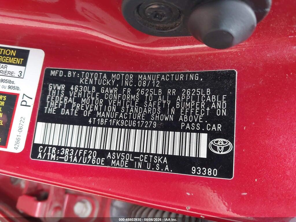 4T1BF1FK9CU617279 2012 TOYOTA CAMRY photo no. 9