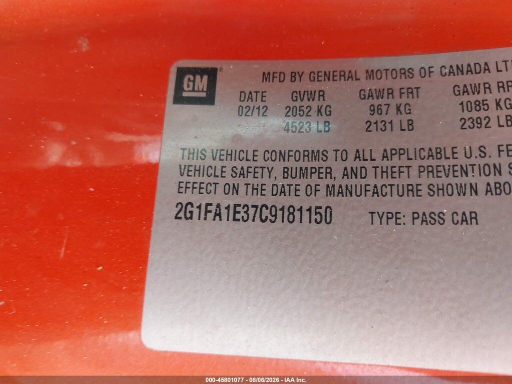2G1FA1E37C9181150 2012 CHEVROLET CAMARO photo no. 9