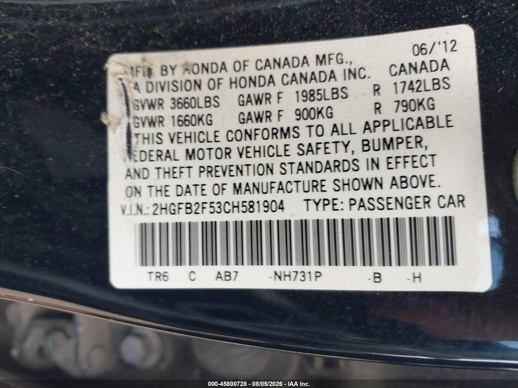 2HGFB2F53CH581904 2012 HONDA CIVIC photo no. 9