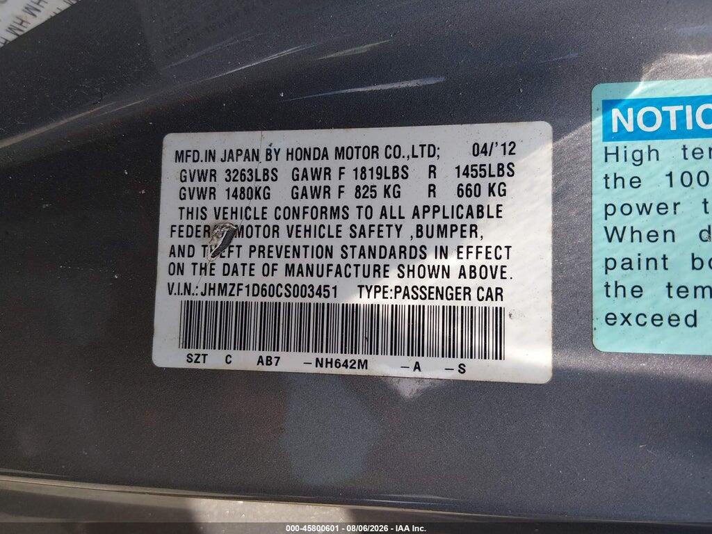 JHMZF1D60CS003451 2012 HONDA CR-Z photo no. 9