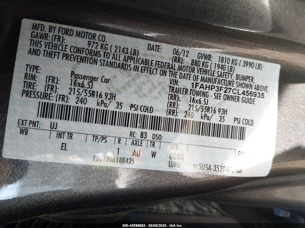 1FAHP3F27CL456935 2012 FORD FOCUS photo no. 9