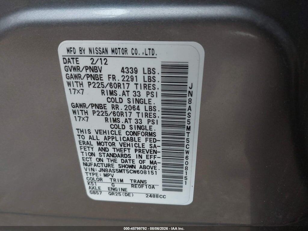 JN8AS5MT5CW608151 2012 NISSAN ROGUE photo no. 9