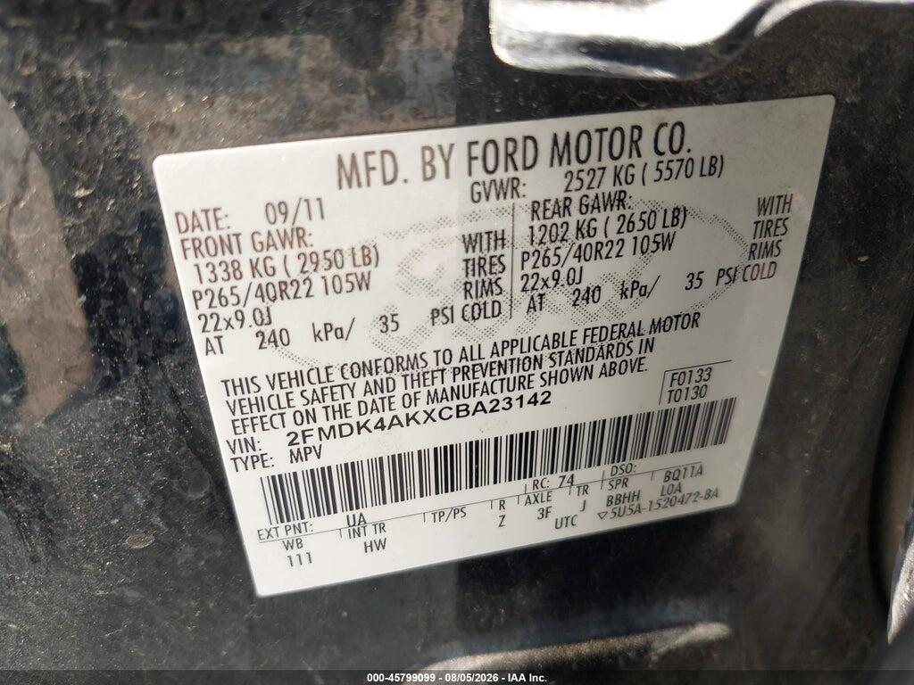 2FMDK4AKXCBA23142 2012 FORD EDGE photo no. 9