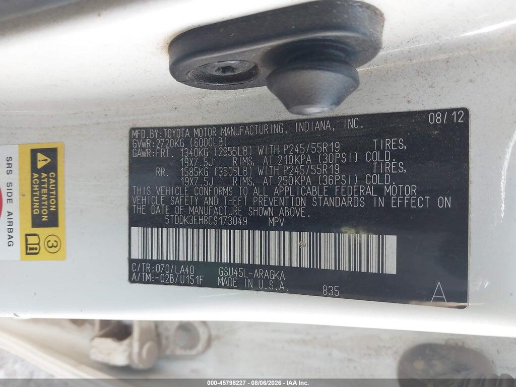 5TDDK3EH8CS173049 2012 TOYOTA HIGHLANDER photo no. 9