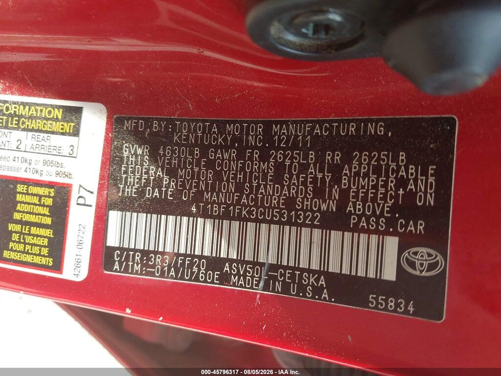 4T1BF1FK3CU531322 2012 TOYOTA CAMRY photo no. 9