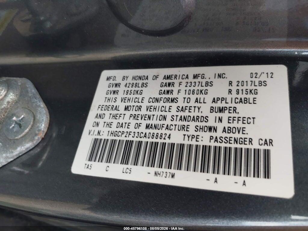 1HGCP2F33CA088824 2012 HONDA ACCORD SDN photo no. 9