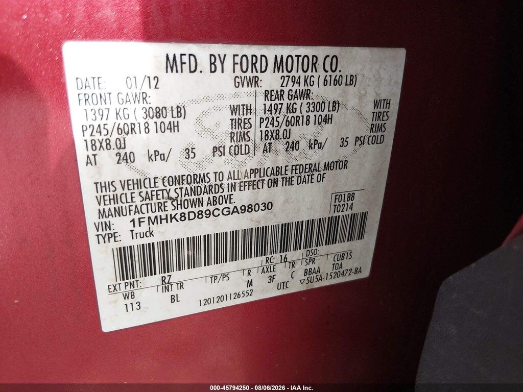 1FMHK8D89CGA98030 2012 FORD EXPLORER photo no. 9