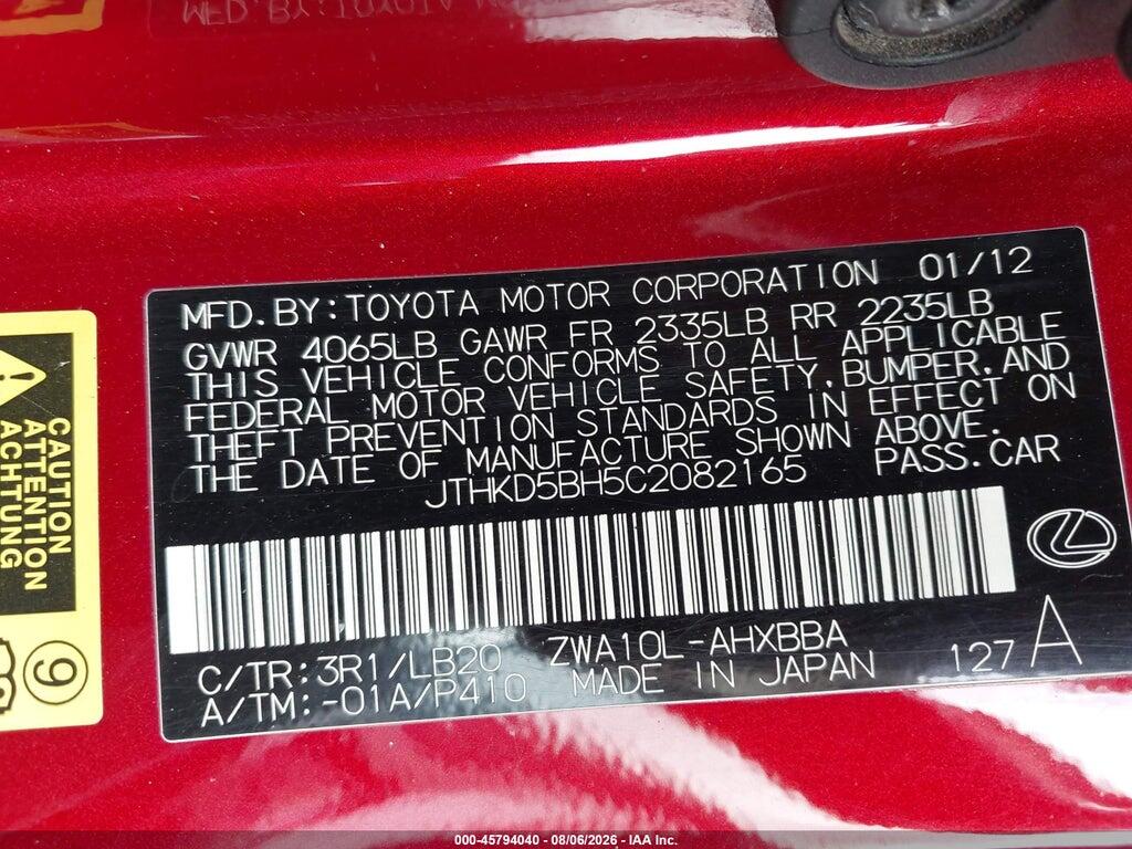 JTHKD5BH5C2082165 2012 LEXUS CT 200H photo no. 9
