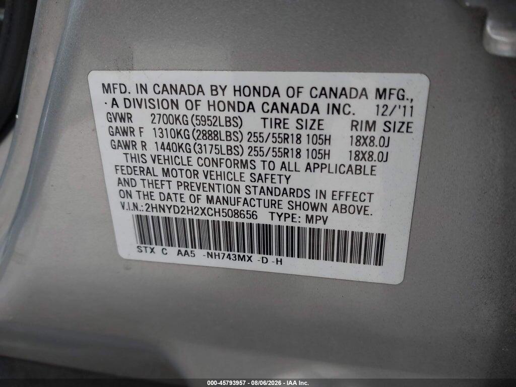 2HNYD2H2XCH508656 2012 ACURA MDX photo no. 9